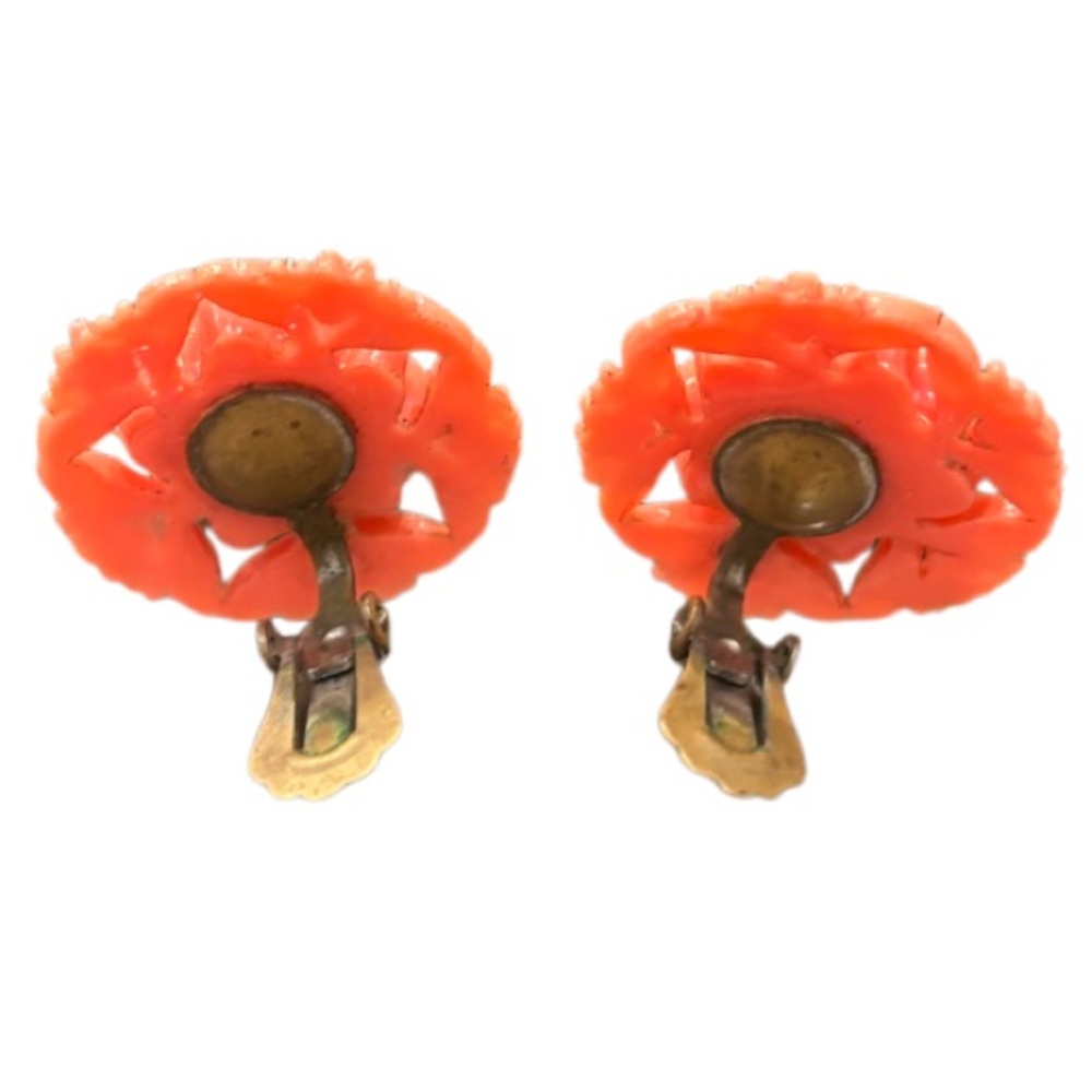 Vintage Earrings Clip On Coral Celluloid Flower Victorian MCM Vintage Jewelry - Picture 8 of 15